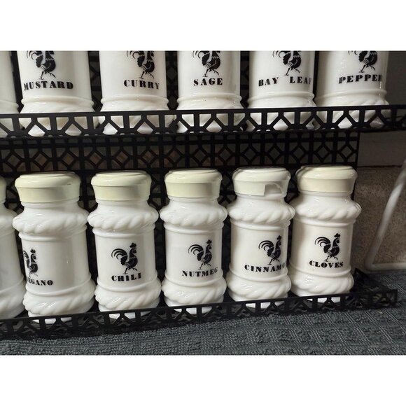Vintage Hazel Atlas 17 pc Milk Glass Black Rooster Design Spices Shaker Set w/ B - Picture 5 of 13